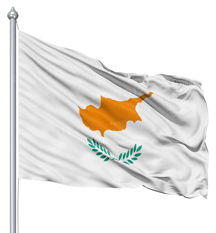 Flag of Cyprus with flagpole waving in the wind against white background