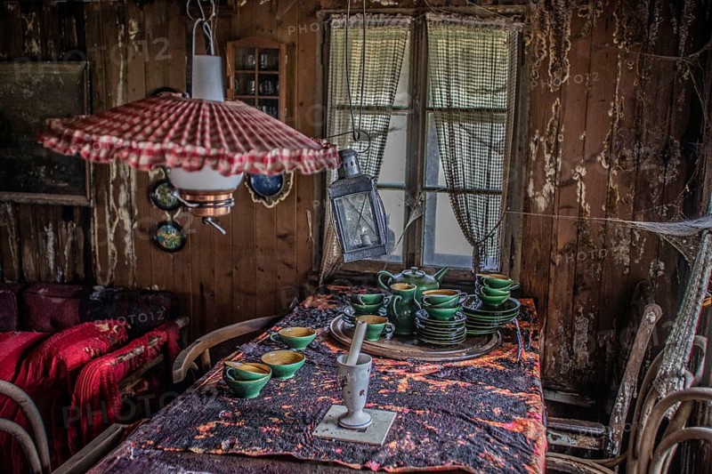 Impressions from the parlour, living room in a lost place, approx. 300 year old farmhouse that has been uninhabited for decades and has since been demolished, Kriens, Lucerne, Switzerland, Europe