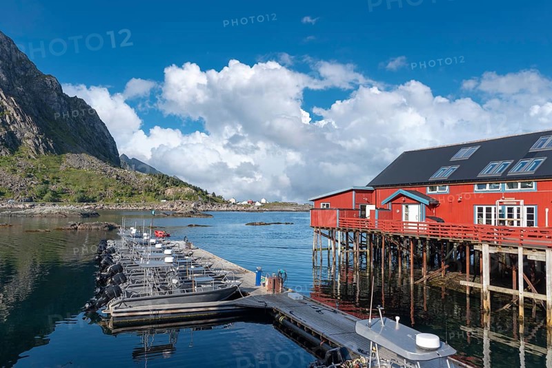 Town centre with Brygga Restaurant, A i Lofoten, Moskenesoy, Lofoten, Norway, Europe