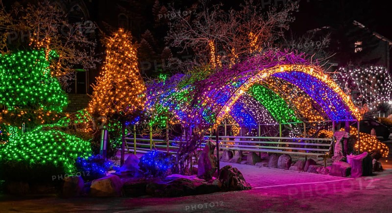 Taebeck, South Korea. January 29, 2019: Colorful Christmas lights on trees and on metal awning over park bench