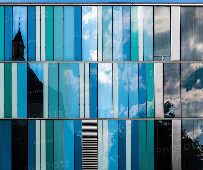 Munich, Bavaria/ Germany, 07 29 2018: abstract rectangular blue windows of a contemporary office building