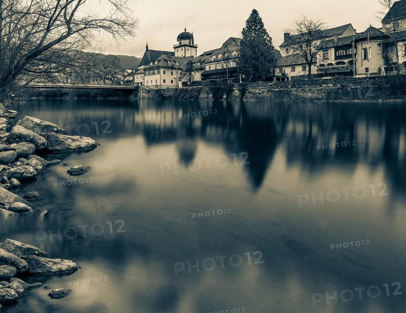 Schwammerlturm, old town centre on the river Mur, long exposure, Leoben, Styria, Austria, Europe
