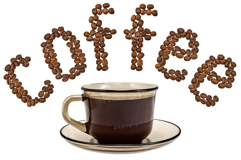 Word of coffee beans with a cup of coffee from a brown glass isolated on white background