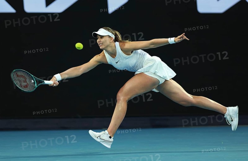 Spanish tennis player Paula Badosa playing a forehand shot at the Australian Open 2025 tournament, Melbourne Park, Melbourne, Victoria, Australia, Oceania