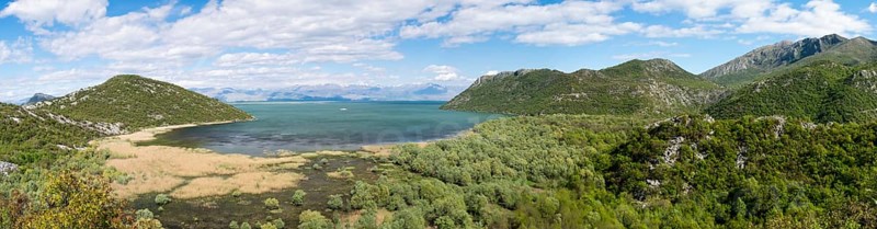 Landscape view over the Skadar Lake, the green hills and mountains