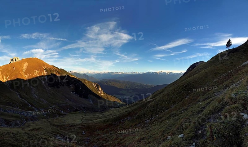 Panorama in the Scharnitztal valley with a view of the Wetterstein massif, Tyrol, Austria, Europe