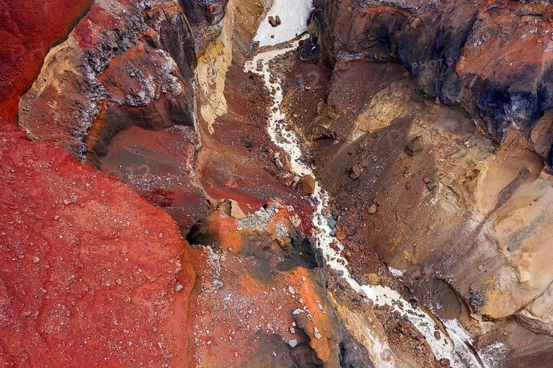 Aerial top view on colorful Dangerous Canyon (Opasniy Canyon) near the Mutnovsky volcano on the Kamchatka Peninsula, Russia, Europe