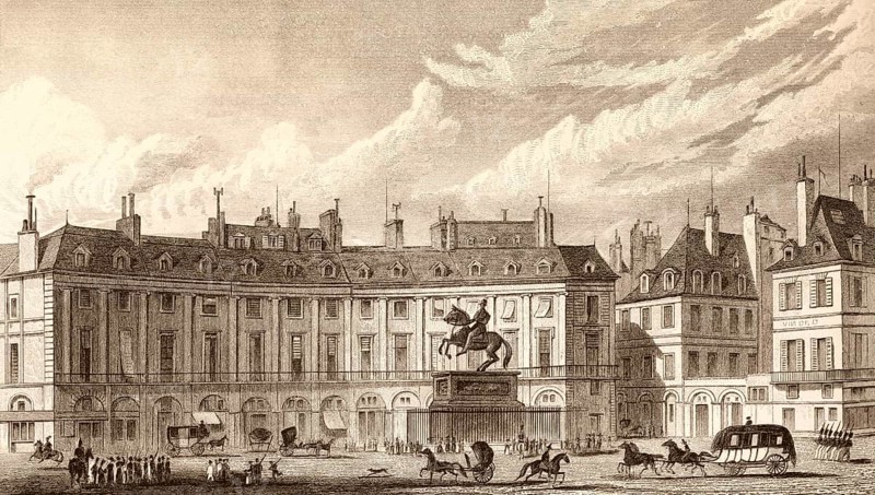 Place des Victoires with statue of Louis XIV., Paris, antique steel engraved print, 1831