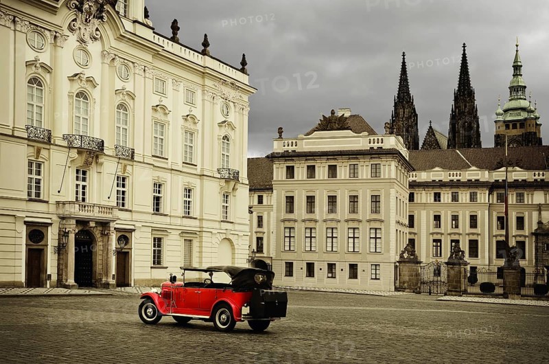 Retro Car On The Hradcany Square (Hradcanske namesti). Prague. Czech Republic