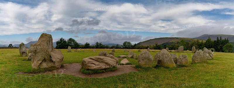 A panorama view of the Castlerigg Stone Circle in the Lake District National Park in Cumbria