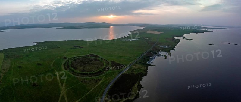 Ring of Brodgar, stone circle and ditch, Neolithic monument, UNESCO World Heritage Site, drone shot from outside the site, Mainland, Orkney Island, Scotland, Great Britain
