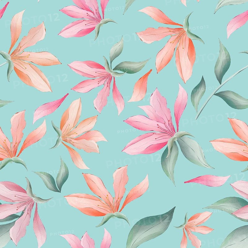 Magnolia flowers and leaves on turquoise background watercolor painting, seamless repeat pattern