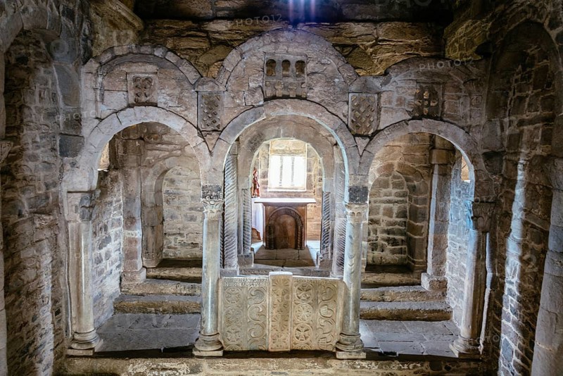 Pola de Lena, Spain, March 30, 2019: Interior view of presbytery of St Christine of Lena church. Santa Cristina de Lena is a Catholic pre-Romanesque church located in Asturias, Spain, Europe