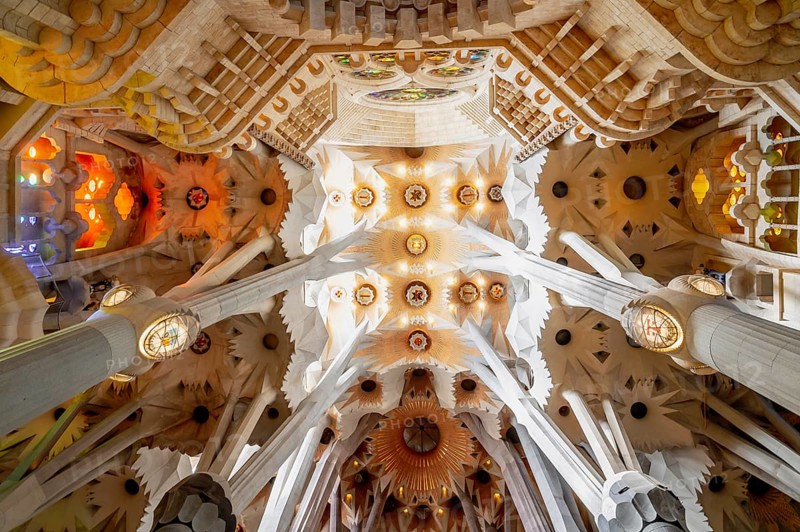 For the vault in the nave of La Sagrada Familia church, Antoni Gaudi drew inspiration for his mimetic architecture and natural building style from a forest with columns made of concrete, steel and stone (granite, basalt, porphyry), whose branches form rotational hyperboloids and hyperbolic paraboloids and thus support the weight of the vault, Barcelona, Catalunya, Spain, Europe