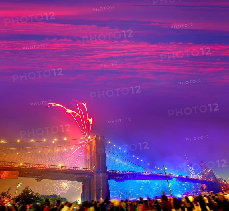 July 4th 2014 fireworks at Brooklyn bridge Manhattan skyline New York USA