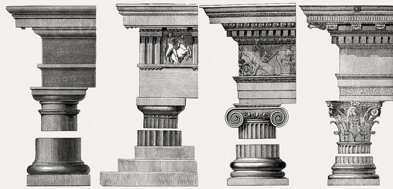 Several ancient capitals, Tuscan, Doric, Ionic and Corinthian order