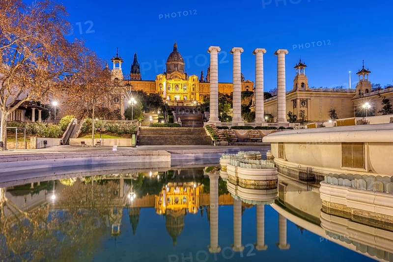 The National Palace on the Montjuic hill in Barcelona at dusk