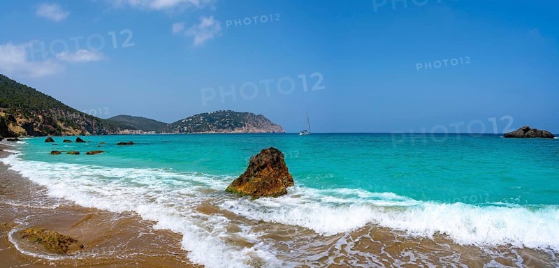 Ibiza beach of Aigua blanca in Santa Eulalia at Balearic islands also Aigues Blanques