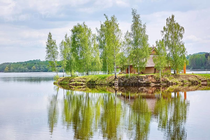 Small Island with a House among Birches in the Middle of the Daugava River, Latvia Plavinas, Latvia, Europe