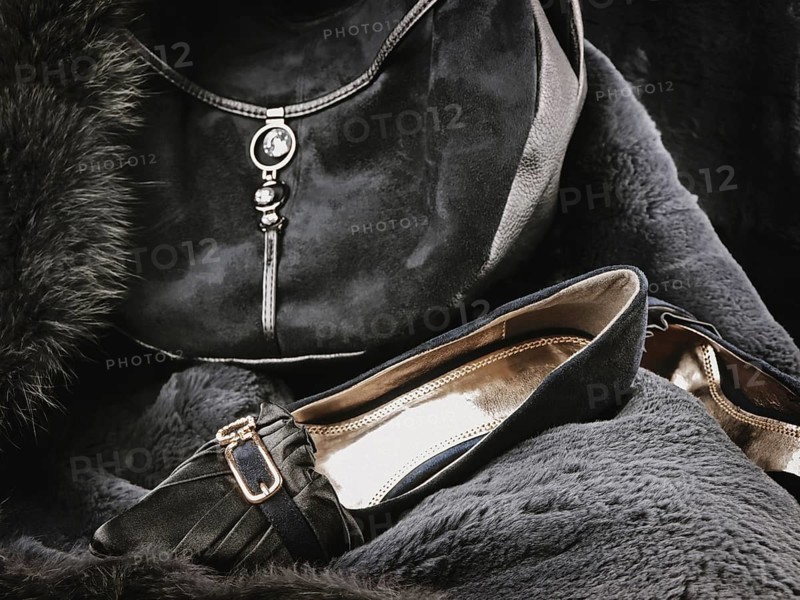 Woman wear accessories: fashionable handbag and shoes at fur