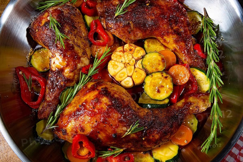 Roasted chicken legs with various vegetables and spices