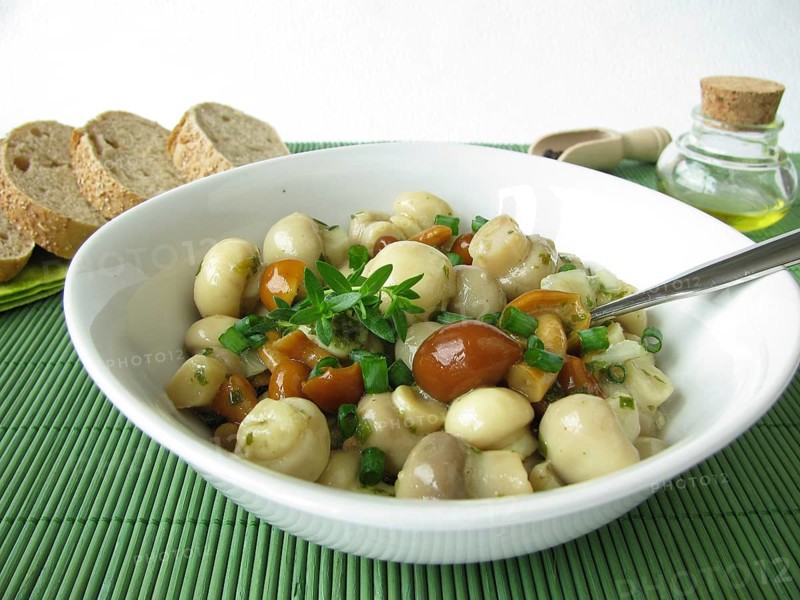 Mushroom salad with button mushrooms and mallard mushrooms