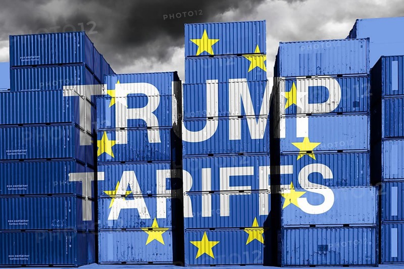 Stacked containers with EU flag and inscription Trump Tariffs, symbolic photo customs dispute and punitive tariffs, photomontage