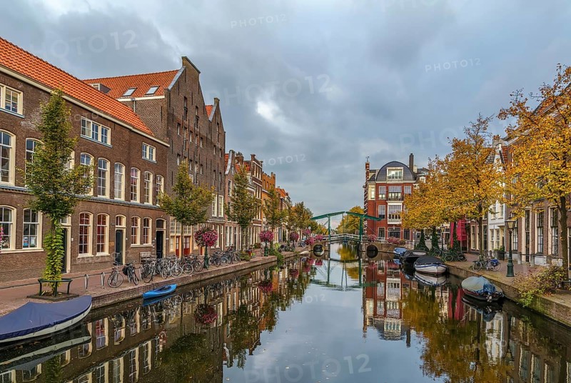 View of New Rhine river in Leiden downtown, Netherlands