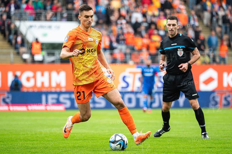 LUBIN, POLAND - AUGUST 6, 2023: Football match Polish PKO Ekstraklasa between KGHM Zaglebie Lubin vs Lech Poznan 1:1. In action Tomasz Pienko.