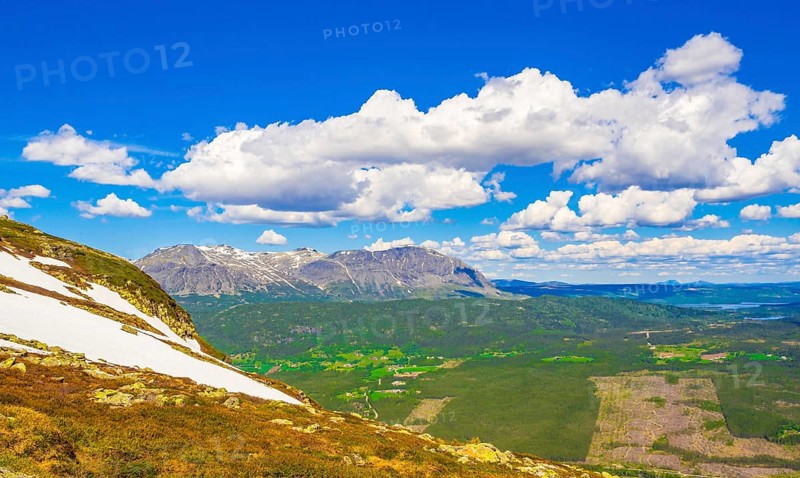 Beautiful valley landscape panorama Norway of Hydalen Hemsedal with snowed in Mountains in summer
