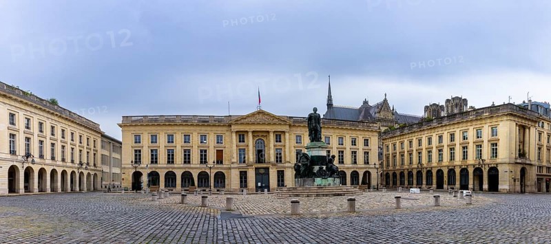 Reims, France- 13 September, 2022: panorama view of the Place Royal Square in downtown Reims with the statue of Louis XV in Roman garb