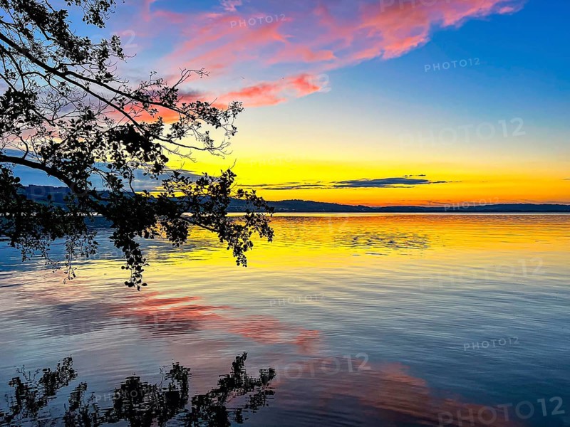 Colourful sunset on Lake Sempach with pink and blue sky reflections in the water, Sempach, Lucerne, Switzerland, Europe