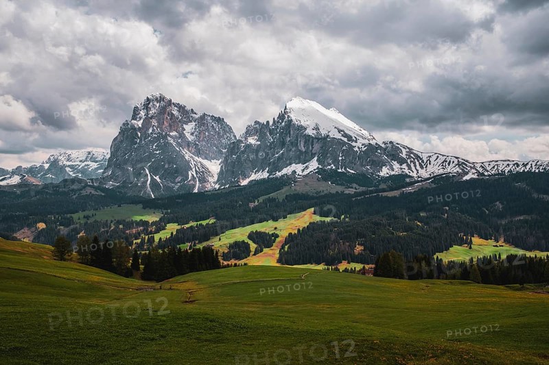 Panoramic view of the Langkofel Group from Seiser Alm in the Dolomites in South Tyrol, Italy, Europe