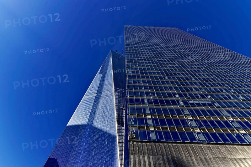 Freedom Tower or One World Trade Centre, South Manhattan, New York City, New York, USA, Perspective view of modern skyscrapers in the city. Clear blue sky in the background, Manhattan, North America