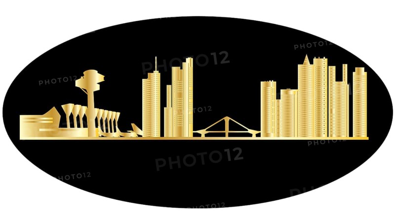 Frankfurt germany city skyline with airport and planes and the bridge and architecture in gold with black backgroundFrankfurt germany city skyline