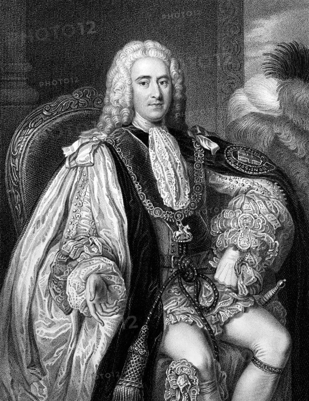 Thomas Pelham-Holles, 1st Duke of Newcastle (1693-1768) on engraving from 1832. British Whig statesman. Prime minister of Great Britain during 1757-1762. Engraved by W.Holl and published in Portraits of Illustrious Personages of Great Britain, UK, 1832