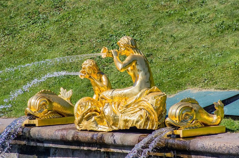 Gold statue in Peterhof, Saint-Petersburg, Russia, Europe