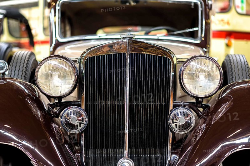 Details of a classic car in a museum