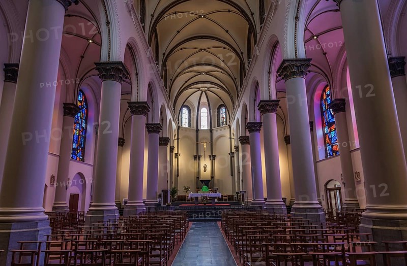 Ixelles, Brussels Capital Region, Belgium, 10 16 2019 Purple interior design of the gothic Carmelites church near the Louise square, Europe