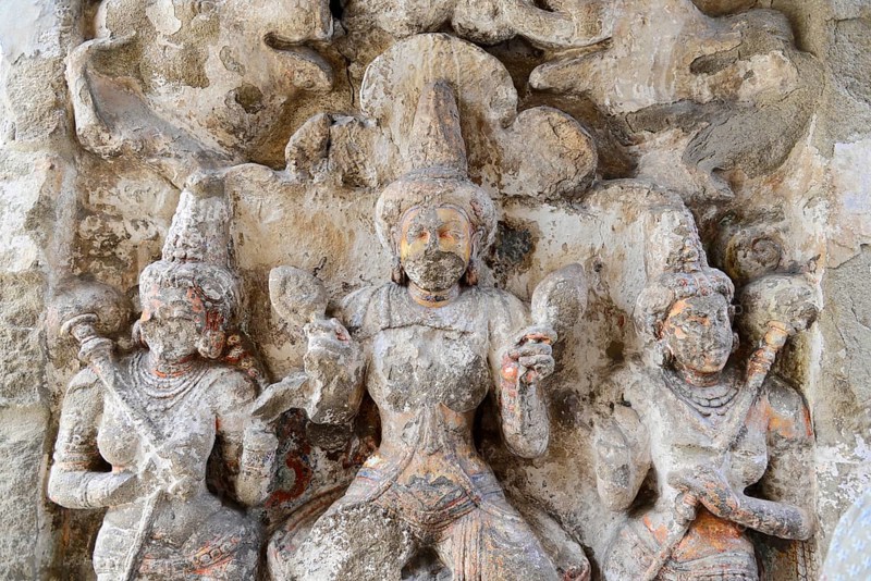 Vishnu Varadaraja Temple, Kanchipuram, Tamil Nadu, Detailed wall relief of three divine figures in a temple, Kanchipuram, Tamil Nadu, South India, India, Asia