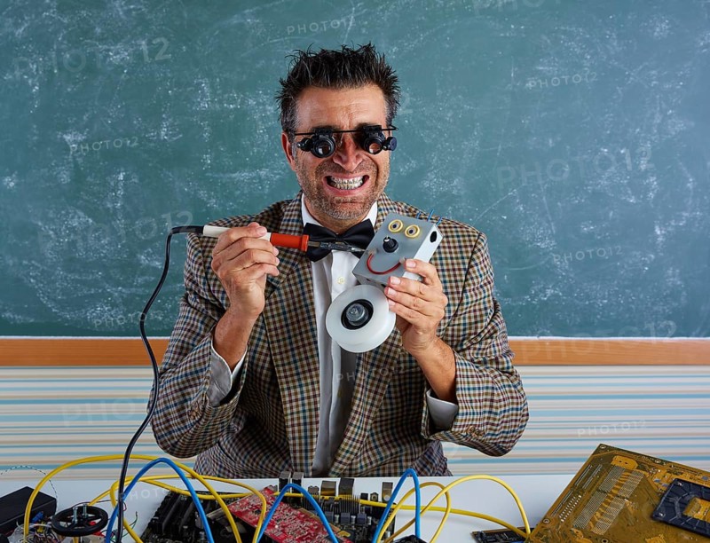 Nerd electronics technician silly retro teacher welding self made robot