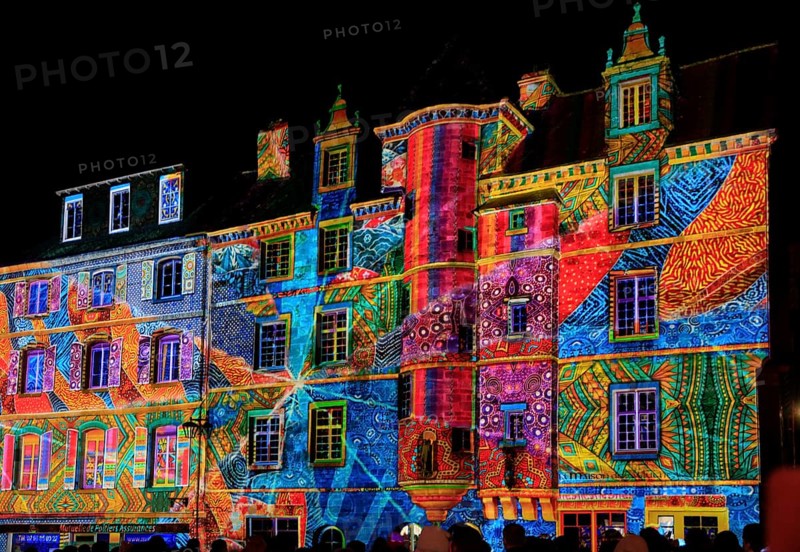 Projections on the façade of the Maison de la Duchesse Anne, light show at the turn of the year in the old town centre of Landerneau, Finistere Penn-ar-Bed department, Bretagne Breizh region, France, Europe
