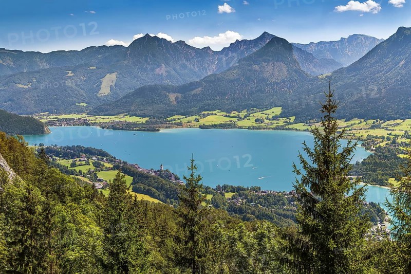 View of Alps mountain with Wolfgangsee lake from Schafberg mountain, Austria, Europe