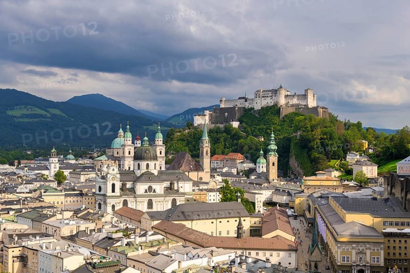 Summer view of the historic centre of Salzburg with Hohensalzburg Fortress and cloudy sky, Salzburg, Salzburger Land, Austria, Europe