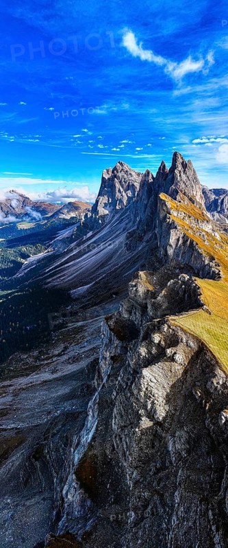 The peaks Sas Rigais and Furchetta of the Geisler group, panoramic photo, drone photo, Val Gardena, Dolomites, Autonomous Province of Bolzano, South Tyrol, Italy, Europe