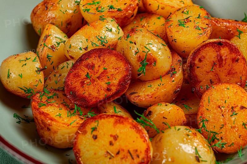 Baked new potatoes, with butter and dill, homemade, no people