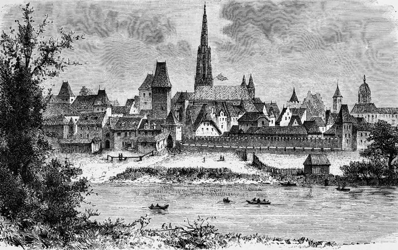 City view across the Danube to Vienna in the 15th century, city wall with battlements and entrance gate, fortified towers, St Stephen's Cathedral, rowing boats, architecture, travel, Austria, historical illustration 1885, Europe