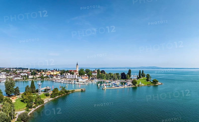 Harbour area, ferry port, yacht harbour, marina of Romanshorn with adventure playground on the bunker meadow, opposite the Seepark, aerial view, Lake Constance, Canton Thurgau, Switzerland, Europe