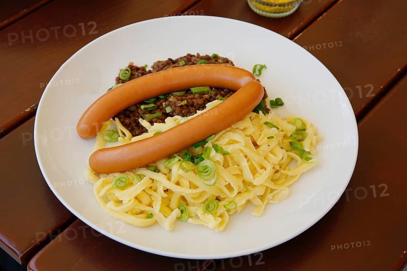 Swabian cuisine, traditional cuisine, home cooking, typical Swabian, hearty, lentils with spaetzle and string sausages, Königliche Post restaurant, restaurant, food photography, old camp, former military area, biosphere area, Münsingen, Swabian Alb, Baden-Württemberg, Germany, Europe