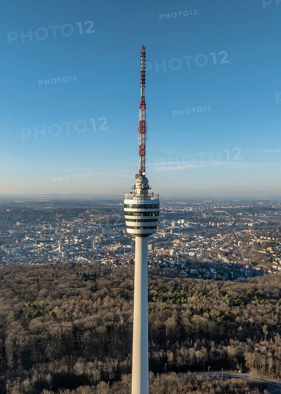 Aerial view of the 216.6 metre high Stuttgart television tower, observation tower, restaurant, radio transmitter, tourist attraction and historical landmark, in operation since 1956. Behind it the state capital Stuttgart, Degerloch, Baden-Württemberg, Germany, Europe